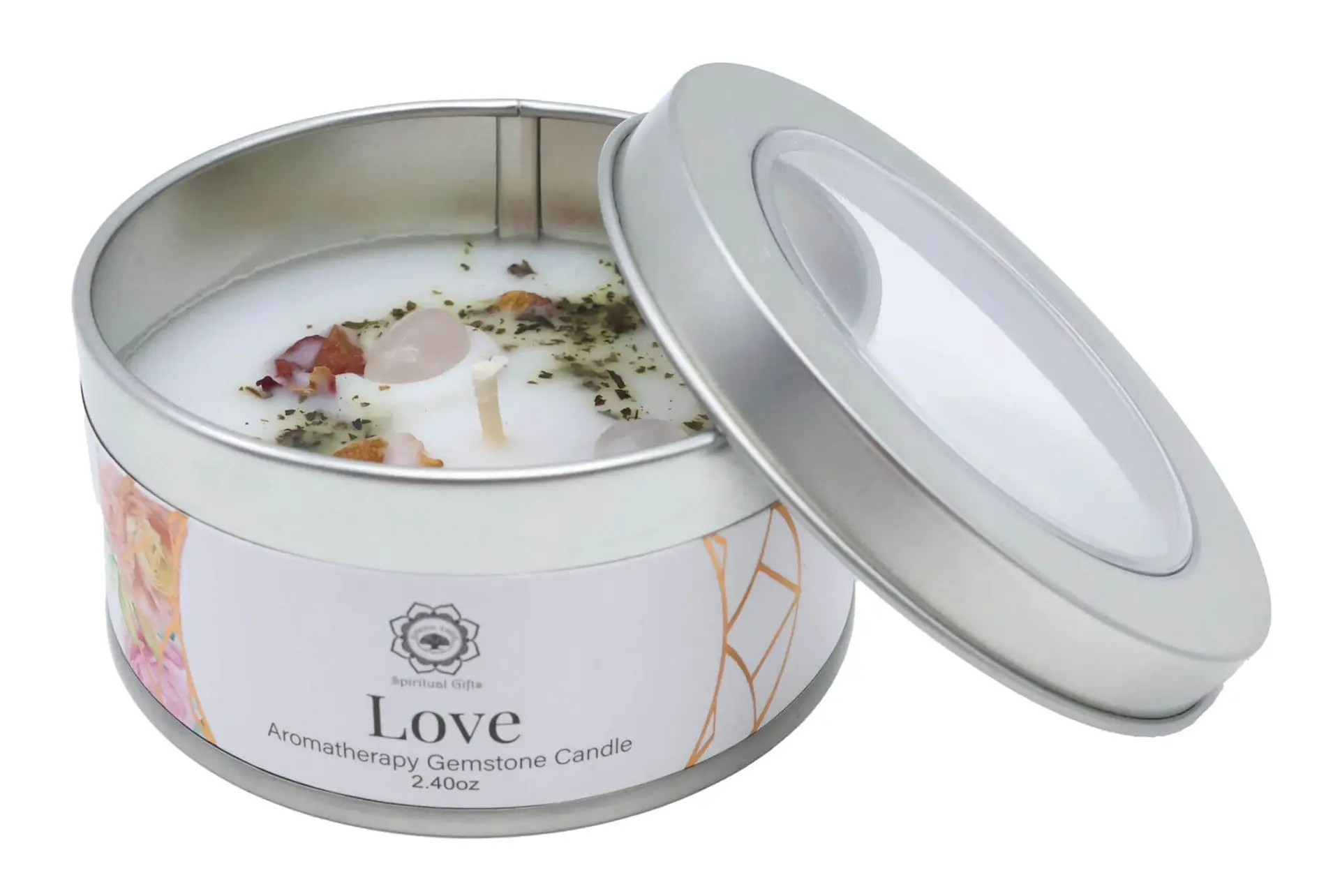 Bougie parfumée artisanale avec pierres naturelles et fleurs séchées