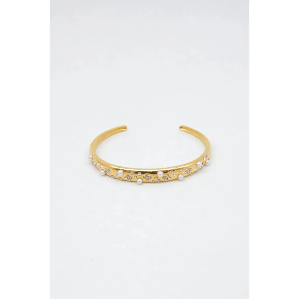 Bracelet jonc en acier inoxydable doré avec perles blanches et strass.webp