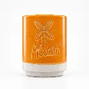Tasse céramique Allauch orange vif, inscription et logo moulin gravés, base grès naturel.webp