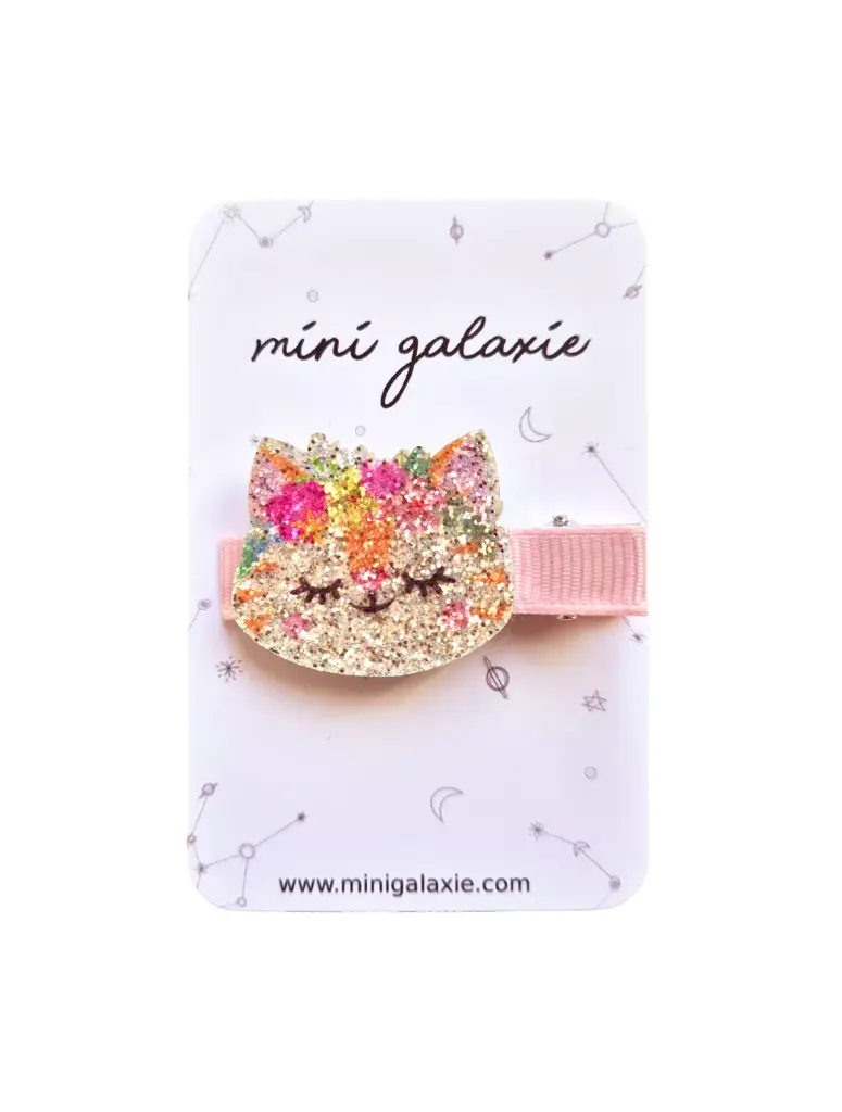 Barrette enfant rose avec chat à paillettes