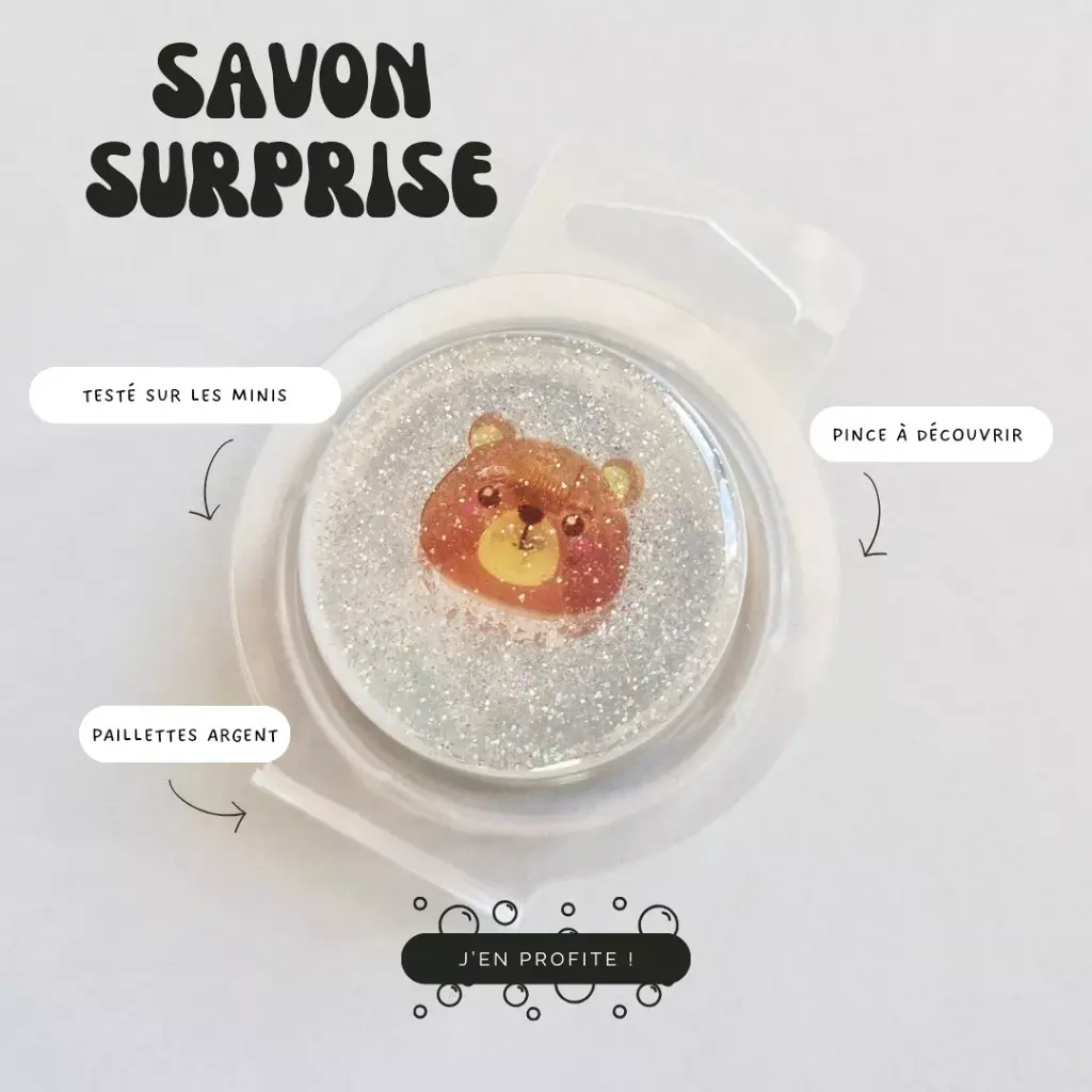 Savon surprise à paillettes pour enfant - pince cheveux ourson 