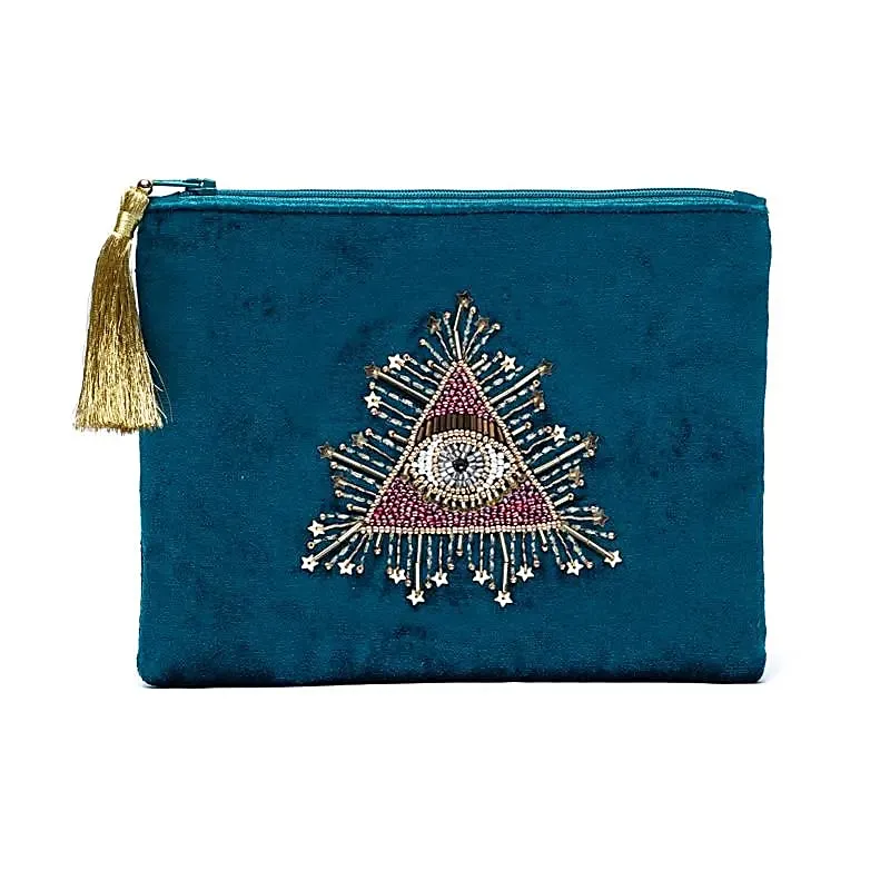 Pochette zippée en velours pétrole avec Oeil