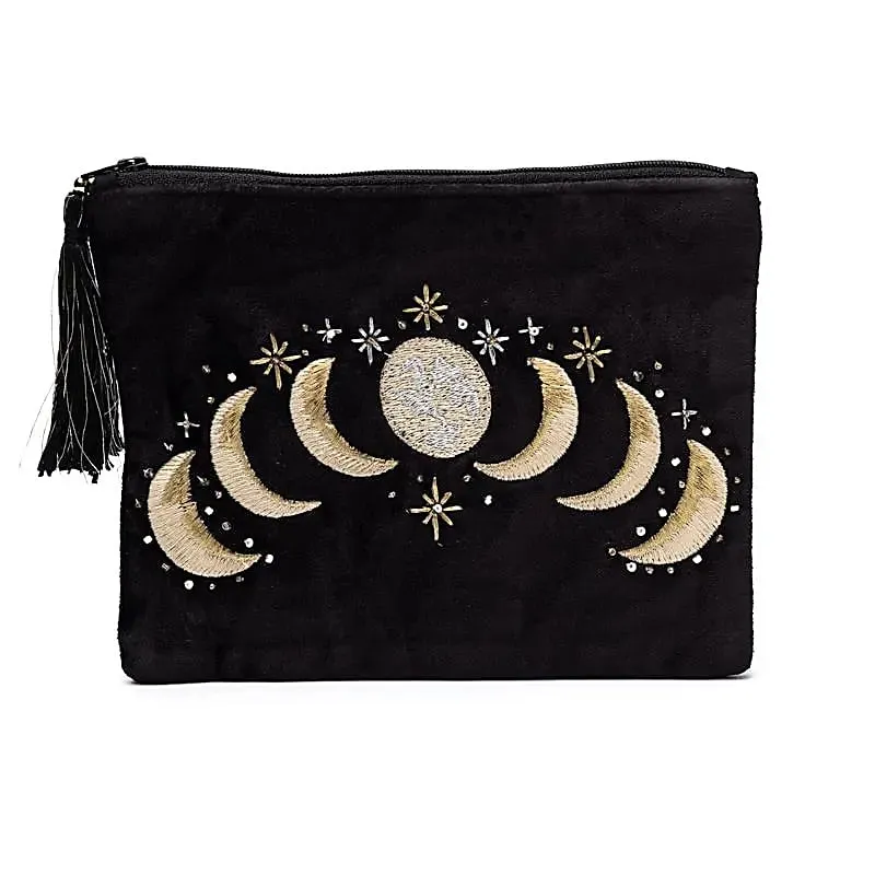 Pochette zippée en velours noir avec phases lunaires