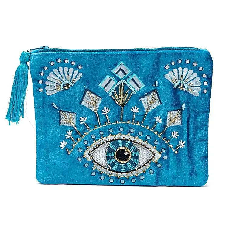 Pochette zippée en velours bleu avec Œil de la Providence