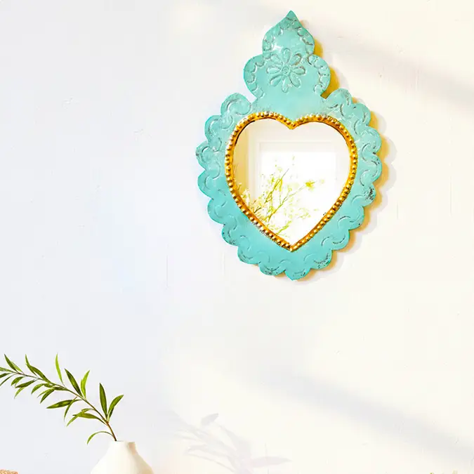 Ex-Voto Cœur Miroir– Doré ou Turquoise Artisanat Mexicain (Turquoise)