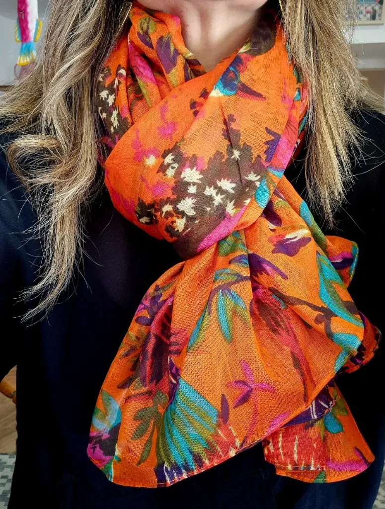 Foulard / Paréo coton imprimé – Grand format (Orange Tropical)
