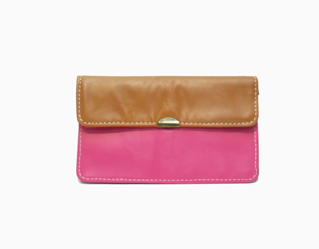Porte-Monnaie Plat en Cuir Recyclé (Marron/Rose)