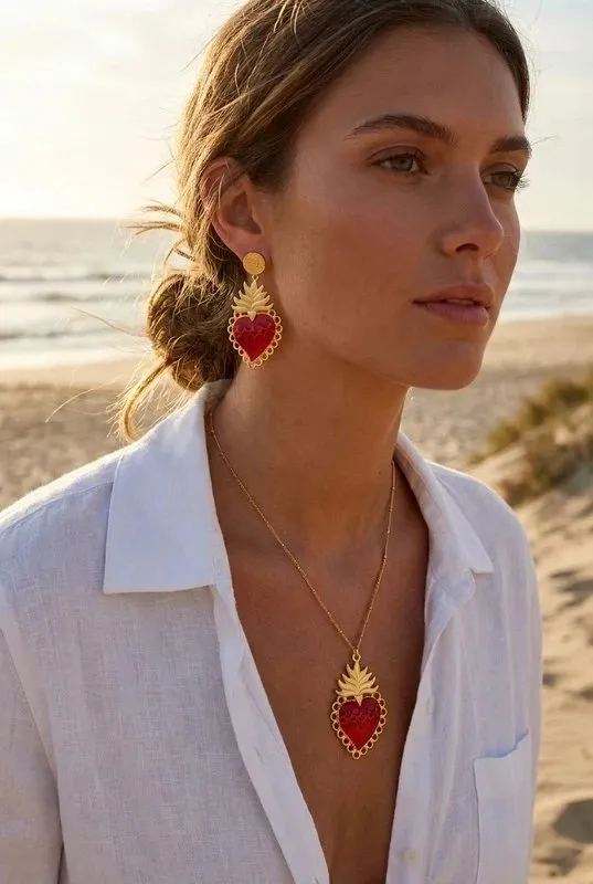 Collier Pendentif Cœur Ex-Voto Rouge & Doré